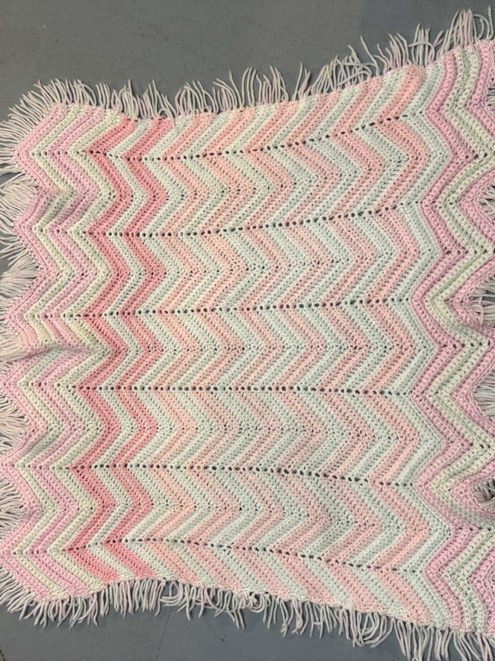 Vintage Pink and White Chevron Fringe Baby Blanket